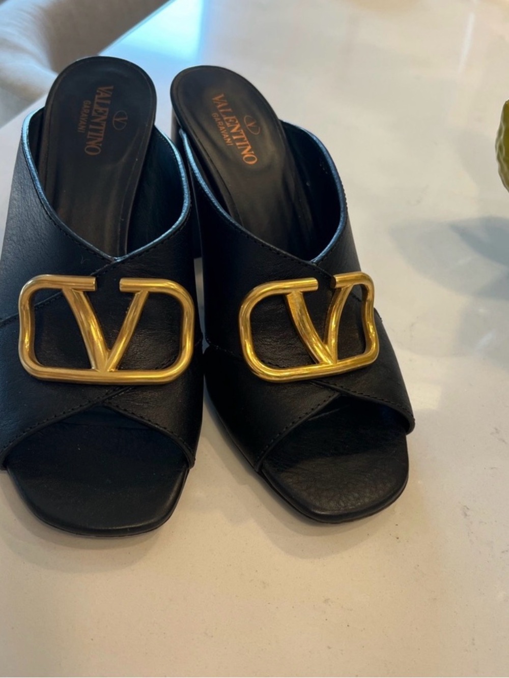 Authentic Valentino Garavani Black Leather Slide Mules with Gold V Logo